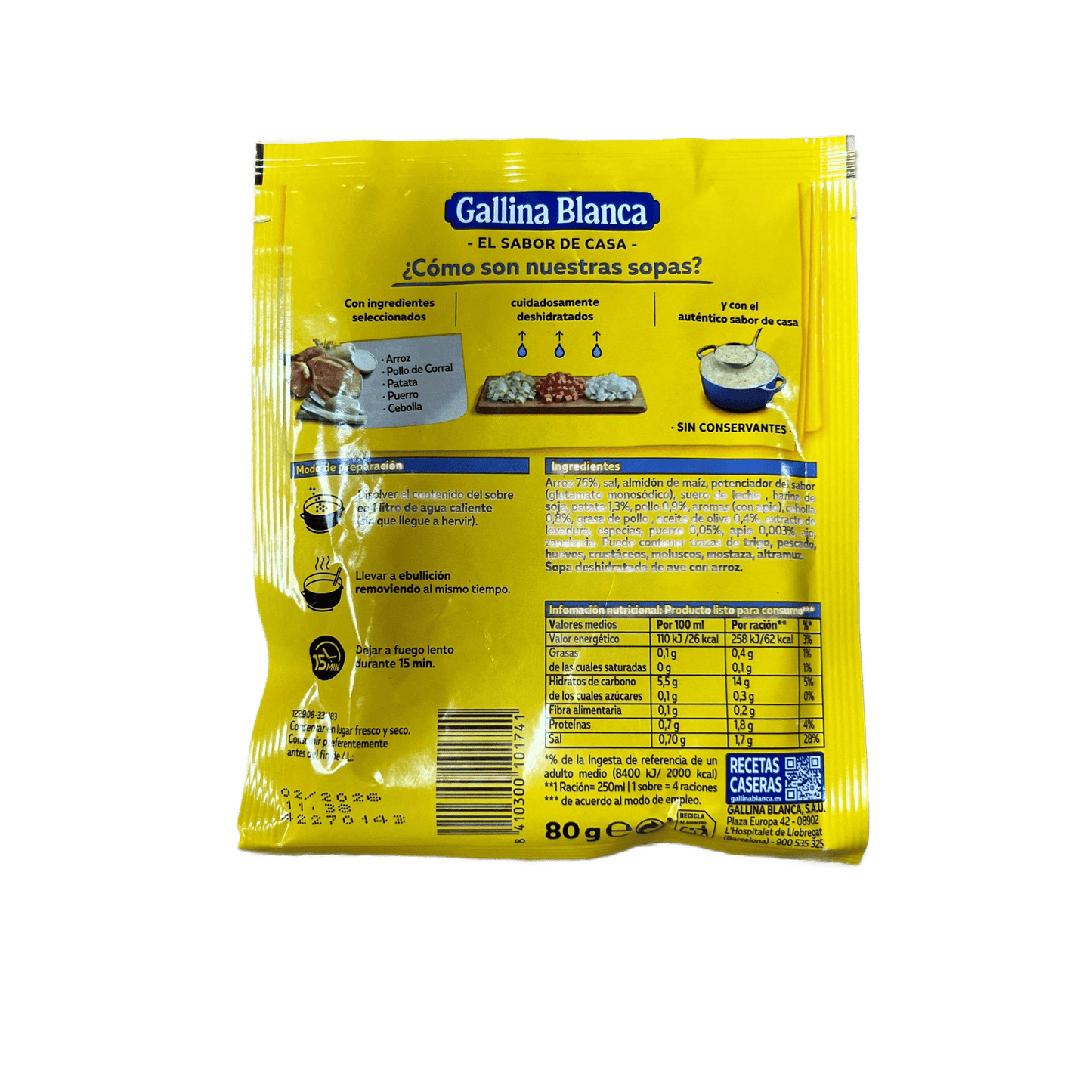 GALLINA BLANCA - SOPA DE AVE CON ARROZ - 80g (4 RACIONES)