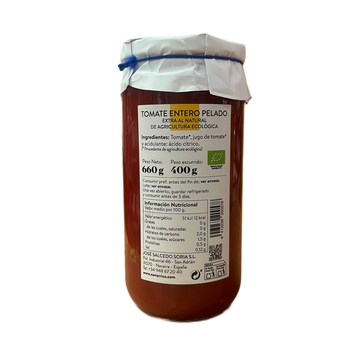 Tomate Entero Pelado El Navarrico (Tarro de Cristal)